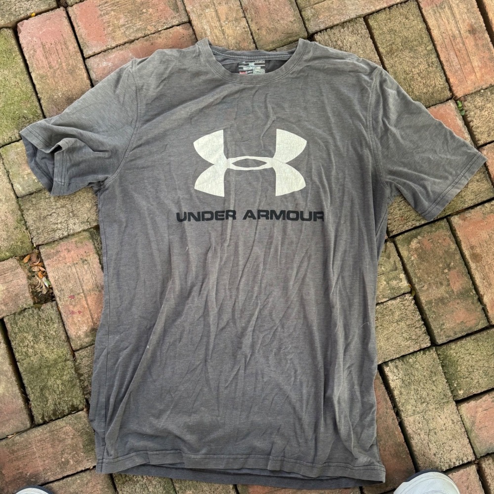Under Armour HeatGear Mens Medium Gray Big Logo Short Sleeve Loose Fit T-Shirt
